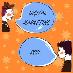 Handwriting text Digital Marketing Roi. Concept meaning getting the money s is worth from marketing campaigns Hand Drawn Man and Wo analysis Talking photo with Blank Color Speech Bubble