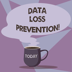 Writing note showing Data Loss Prevention. Business photo showcasing Software that detects potential data breaches Mug of Hot Coffee with Blank Color Speech Bubble Steam icon