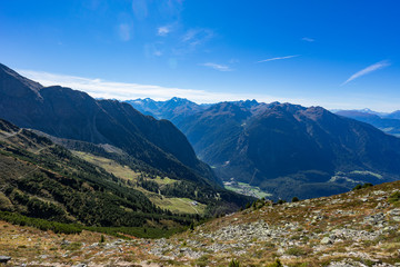 Obraz premium Mountains, peaks, lake, everlasting ice and trees landscape. Kaunertaler Gletscher natural environment. Hiking in the alps, Kaunertal, Tirol, Austria, Europe