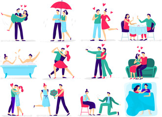 Fototapeta premium Couples in love. Love couple on date, lover makes proposal to sweetheart in restaurant. Hugs and kisses vector illustration set