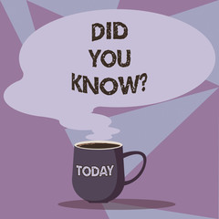 Writing note showing Did You Knowquestion. Business photo showcasing asking if you have previously known something Mug of Hot Coffee with Blank Color Speech Bubble Steam icon