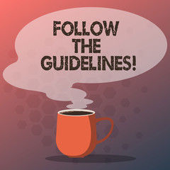Text sign showing Follow The Guidelines. Conceptual photo Pay attention to general rule, principles or advice Mug photo Cup of Hot Coffee with Blank Color Speech Bubble as Steam icon