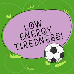 Word writing text Low Energy Tiredness. Business concept for subjective feeling of tiredness that has gradual onset Soccer Ball on the Grass and Blank Outlined Round Color Shape photo