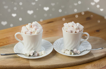 coffee with milk and marshmallows in white cups on wooden textured background. rendered image