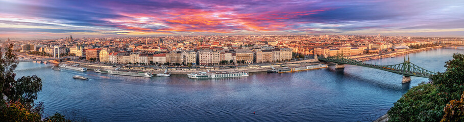 Fototapeta na wymiar 180 degrees aerial panorama at sunset in the capital city of Hungary, Budapest.