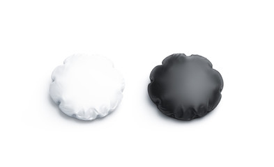 Blank black and white round pillow mockup set, isolated, 3d rendering. Empty domestic accessories...
