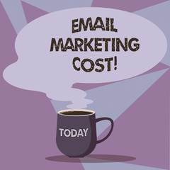 Writing note showing Email Marketing Cost. Business photo showcasing Is the price for sending a thousand email messages Mug of Hot Coffee with Blank Color Speech Bubble Steam icon