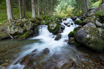 Mountain river and trees landscape. Kaunertaler Gletscher natural environment. Hiking in the alps, Kaunertal, Tirol, Austria, Europe.