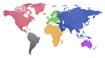 world map with colorful continents with shimmering glittery back