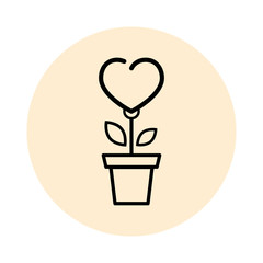 cartoon heart flower outline in a pot icon