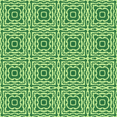 Seamless square pattern from geometrical abstract ornaments on a green background. Vector illustration. Suitable for fabric, wallpaper and wrapping paper