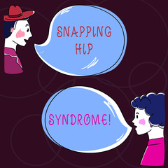 Conceptual hand writing showing Snapping Hip Syndrome. Business photo text audible snap or click that occurs in or around the hip Hand Wo analysis Talking photo with Blank Color Speech Bubble