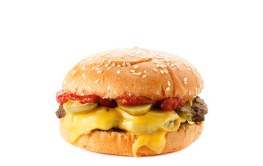 Burger with meat cheese and herbs isolated
