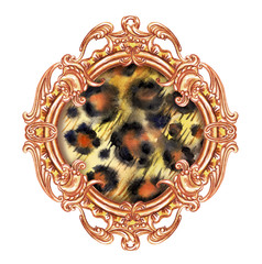 Leopard skin in baroque frame, watercolor painting on a white background isolated with clipping path. Animal print, print for fabric, background for different designs, retro style.