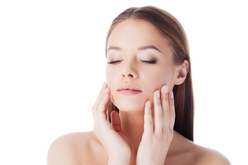 girl uses the cream and the serum. Young and beautiful woman caring for skin