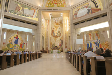 Fototapeta na wymiar Krakow, Poland, August 15, 2018: Interior of the Sanctuary in Lagiewniki. The center of Pope John Paul II.