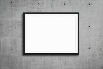 black picture frame hanging on grey concrete wall,  mockup