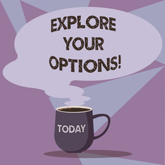 Writing note showing Explore Your Options. Business photo showcasing trying to get more information to make a decision Mug of Hot Coffee with Blank Color Speech Bubble Steam icon
