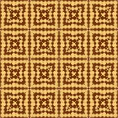 Seamless square pattern from brown geometrical abstract ornaments on yellow background. Vector illustration. Suitable for fabric, wallpaper and wrapping paper