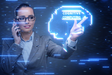 Cognitive computive concept with woman pressing buttons