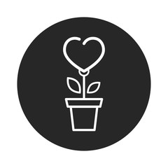 cartoon heart flower white outline in a pot icon 