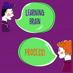 Text sign showing Learning Brain Process. Conceptual photo Acquiring new or modifying existing knowledge Hand Drawn Man and Wo analysis Talking photo with Blank Color Speech Bubble