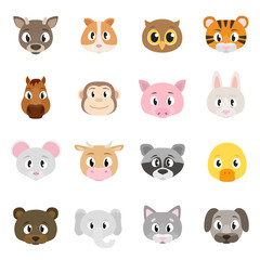 Fototapeta premium Cute animals collection, set of animal faces. Deer, hamster, owl, tiger, horse, monkey, ect. Isolated vector illustration