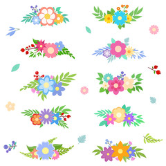 Fototapeta na wymiar Flower bouquet, floral collection, set of isolated objects. Various compositions of flowers and leaves. Vector illustration