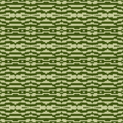 Seamless striped pattern from yellow geometrical abstract ornaments on a green background. Vector illustration. Suitable for fabric, wallpaper and wrapping paper