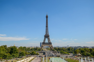 Fototapeta na wymiar 10/08/2018 Eiffel Tower, Paris. Panoramic View over the Tour Eiffel from Trocadero square (Place du Trocadero) full of people. Paris, France