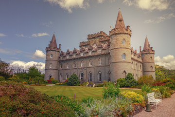 Fototapeta na wymiar Inveraray castle, impressive fortress north of the village, has been since the fifteenth century the abode of the Dukes of Argyll, chiefs of the Campbell clan, Highlands, Scotland