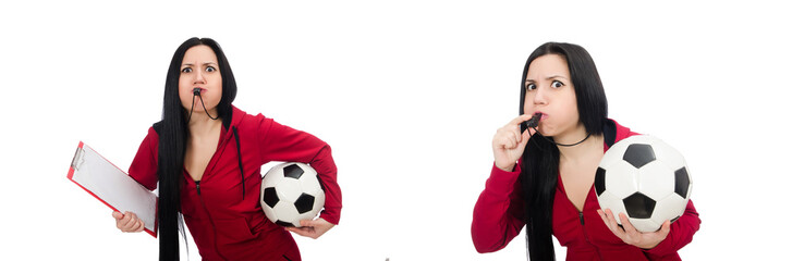 Woman with football isolated on white