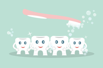 Humorous concept brushing teeth.Cute cartoon style teeth washing by pink toothbrush holding hands as a special forces on a blue background.Ideal for advertising dental services.Vector illustration