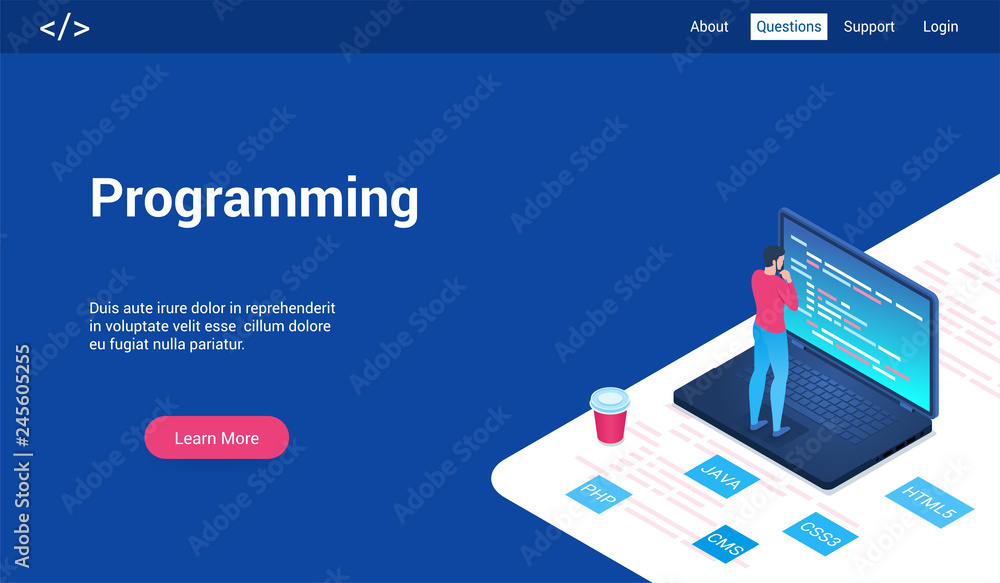 Poster isometric landing page template for programming. vector illustration mock-up for website and mobile 