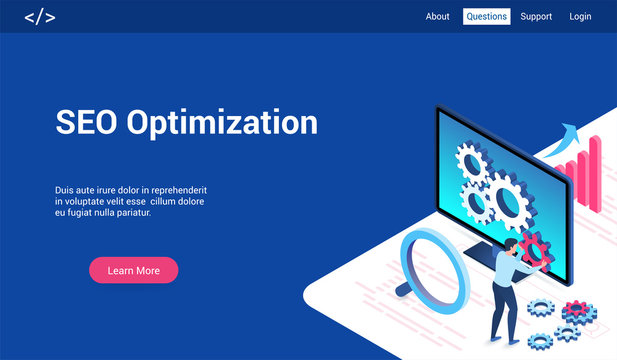 Isometric landing page template for seo optimization. Vector illustration mock-up for website and mobile website