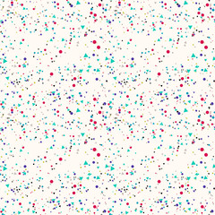 Abstract seamless pattern with colorful chaotic small circles and triangles on beige. Infinity geometric pattern. Vector illustration.    