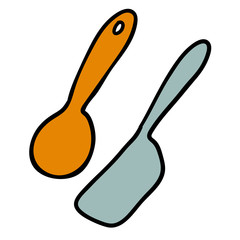 Cartoon doodle spatula and table spoon isolated on white background. Vector illustration. 