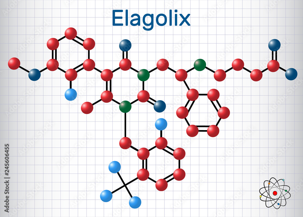 Sticker Elagolix drug molecule. It is gonadotropin-releasing hormone antagonists. Sheet of paper in a cage. Structural chemical formula and molecule model