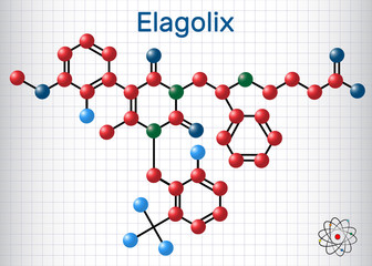 Elagolix drug molecule. It is gonadotropin-releasing hormone antagonists. Sheet of paper in a cage. Structural chemical formula and molecule model