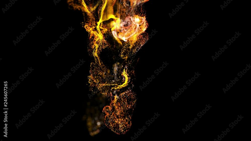 Poster 4k background, animation of complex particles simulation advection with turbulence streams, twirl and curl in viscous fluid in slow motion with deph of filed as alpha channel luma matte. fire color 18