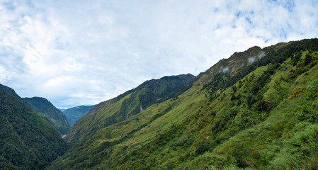 Beautiful panoramic view of the Himalayan Mountains on the trek to Kangchenjunga base camp, Nepal. Amjilosa village and Ghunsa Khola on the background