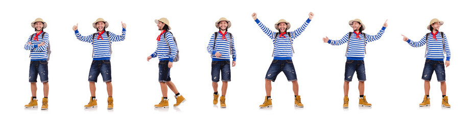 A tourist with bags isolated on white