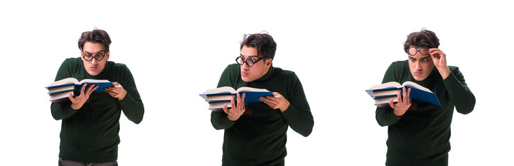 Nerd young student with books isolated on white