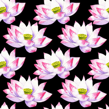 blossoms and flowers of lotus watercolor seamless pattern