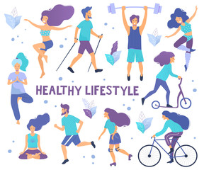 Plakat Healthy lifestyle. Different physical activities: running, roller skates, dancing, bodybuilding, yoga, fitness, scooter, nordic walking. Flat vector illustration.