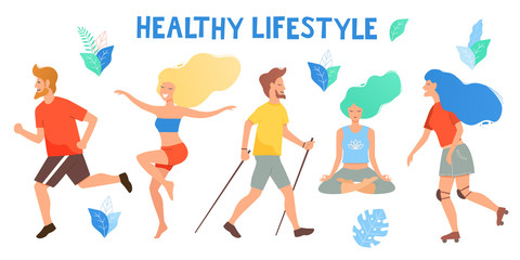 Healthy lifestyle. Different physical activities: running, roller skates, dancing, yoga, fitness, nordic walking. Flat vector illustration.