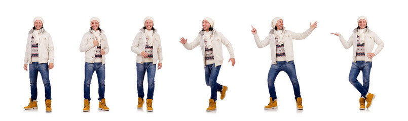 Young man in winter clothes isolated on white