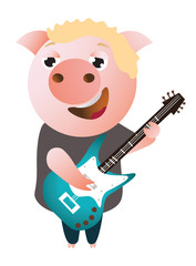 A funny piggy sings and plays on  bass guitar. Musician. Vector illustration.  Isolated on transparent background.  Excellent for the design of postcards, posters, stickers and so on.
