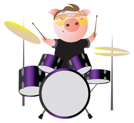 A funny piggy with sunglasses plays drums. Musician. Vector illustration.  Isolated on transparent background.  Excellent for the design of postcards, posters, stickers and so on.