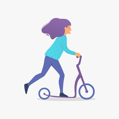 Fototapeta na wymiar Woman riding a kick scooter in park vector illustration.